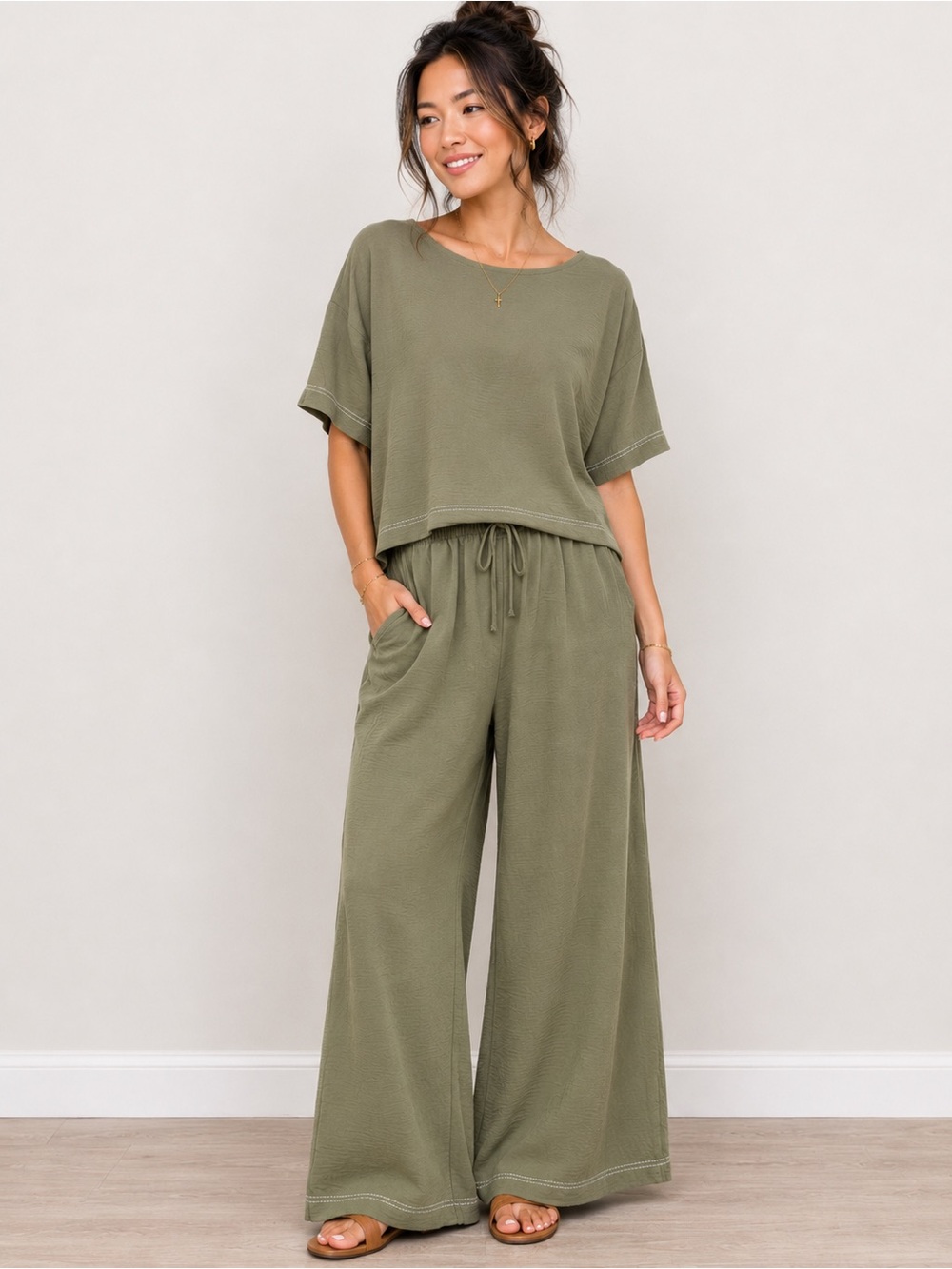 Adrianna Papell Olive Green 2-Piece Lounge Set Wide Leg Pants Top